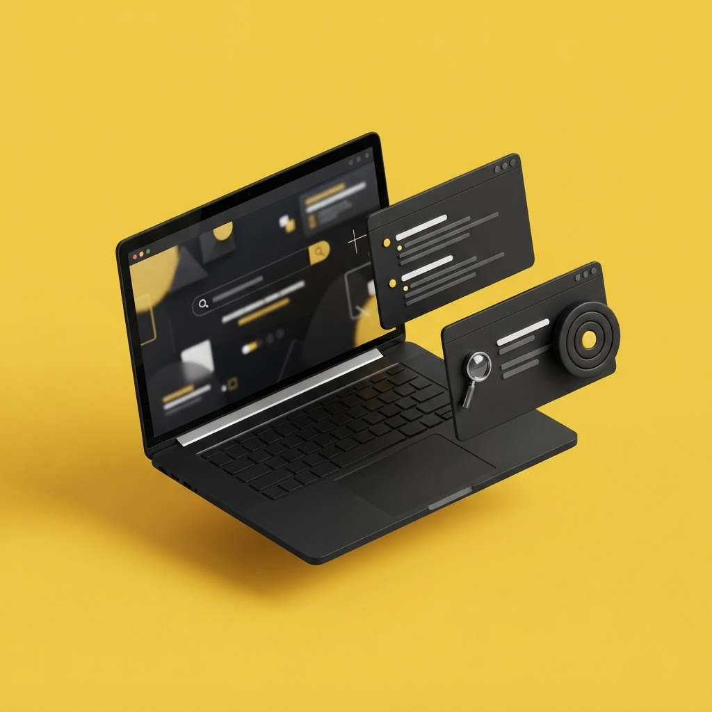 Illustrative search marketing workspace with a laptop and search tools